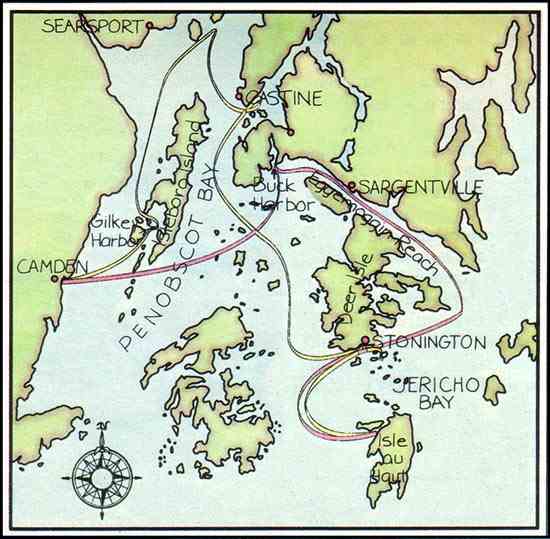 
Map of the route through Penobscot Bay and Jericho Bay.
